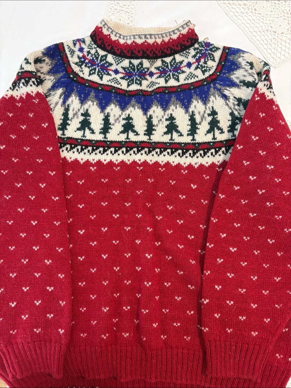 Eddie Bauer Vintage Holiday Red Fair Isle Sweater with Tree Yoke
